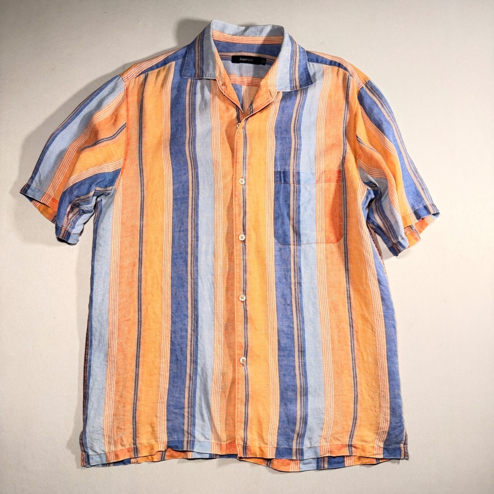 Zegna Sport Linen Shirt Mens M Pastel Peach Blue Stripe Short Sleeve Camp Collar